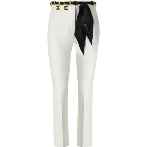 Flared Ivory Trousers with Chain Accessory , female, Sizes: XS, L - Elisabetta Franchi - Modalova
