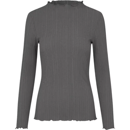 Gerüschte Trim Dunkelgrau T-Neck Shirt , Damen, Größe: XL - Modström - Modalova