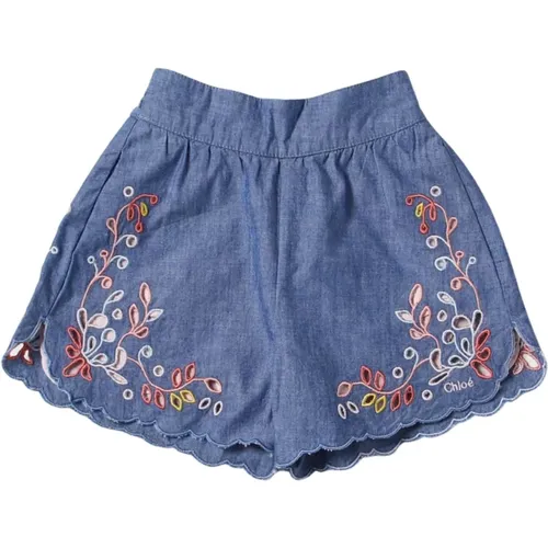 Blaue Kinder-Shorts aus Denim mit aufwendigen, mehrfarbigen Details - Chloé - Modalova