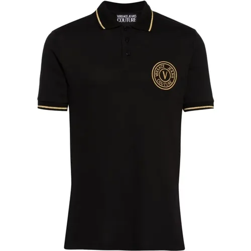 Schwarzes Poloshirt für Männer,Schwarzes Baumwoll-Poloshirt mit Knöpfen - Versace Jeans Couture - Modalova