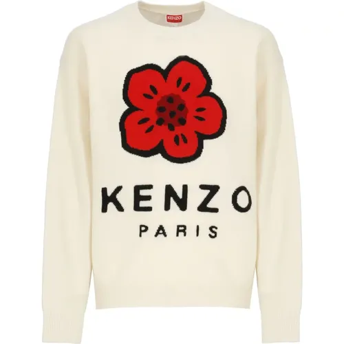 Weiße Woll-Crewneck-Pullover mit Blumenstickerei , Herren, Größe: XL - Kenzo - Modalova