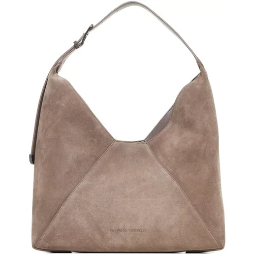 Graue Wildleder-Hobo-Tasche mit Monile-Details - BRUNELLO CUCINELLI - Modalova