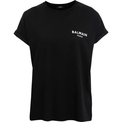 T-Shirt aus Bio-Baumwolle mit kleinem geflocktem -ogo in WeiÃŸ , Damen, Größe: S - Balmain - Modalova