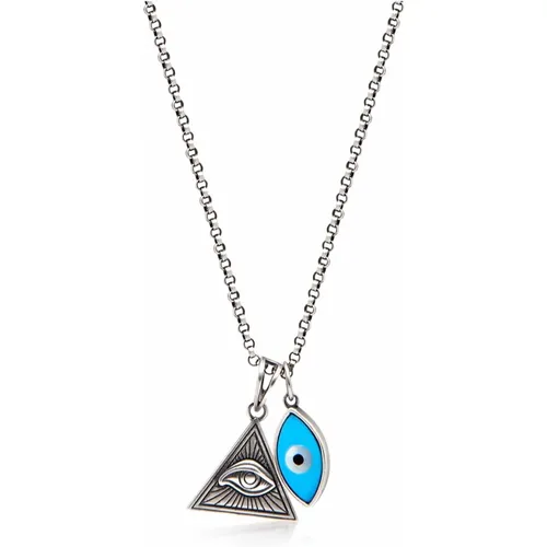 Mens Silver Necklace with Turquoise Evil Eye and Eye of Ra Pendant , male, Sizes: S/M - Nialaya - Modalova