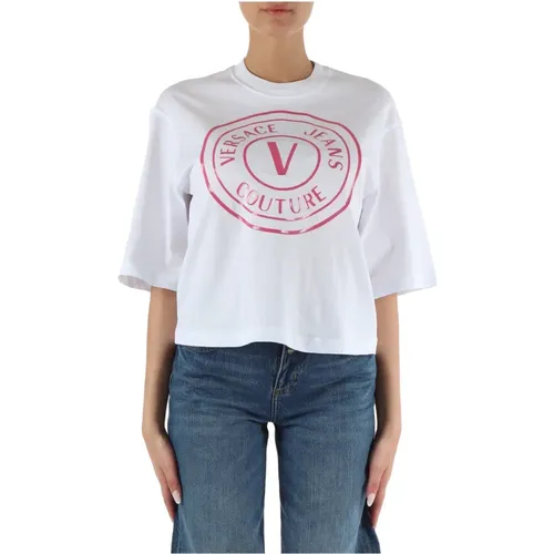 Glitter Logo Cotton T-shirt , female, Sizes: XS, M, S - Versace Jeans Couture - Modalova
