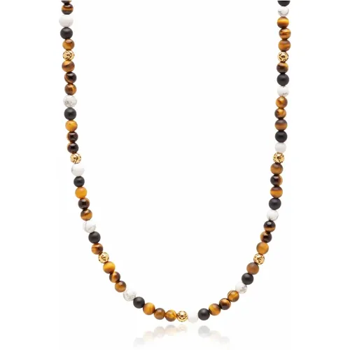 Beaded Necklace with Brown Tiger Eye, Howlite, and Onyx - Nialaya - Modalova