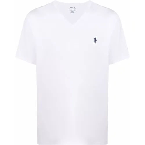 Weiße Baumwoll V-Ausschnitt Polo Shirt , Herren, Größe: M - Ralph Lauren - Modalova