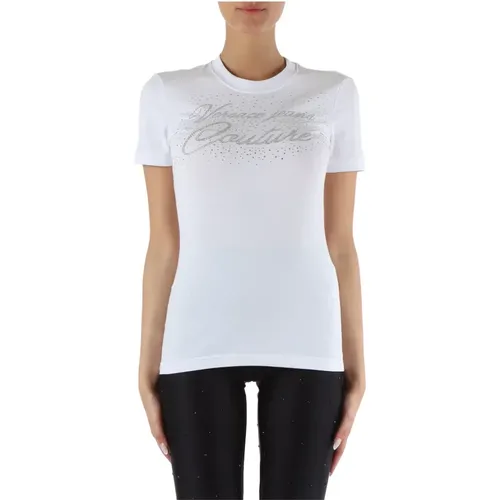 Stretch-Baumwoll-T-Shirt mit Strass-Logo , Damen, Größe: M - Versace Jeans Couture - Modalova