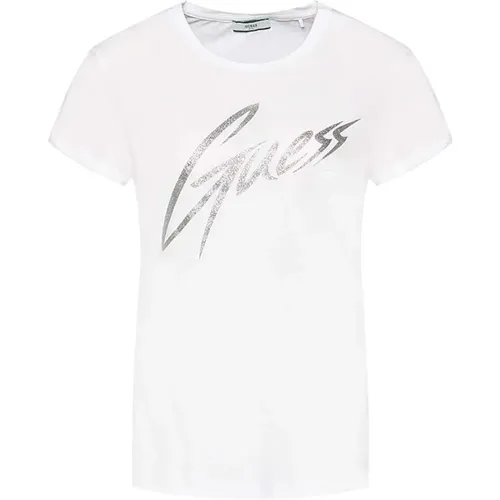 Glitter Logo Print T-Shirt , Damen, Größe: M - Guess - Modalova