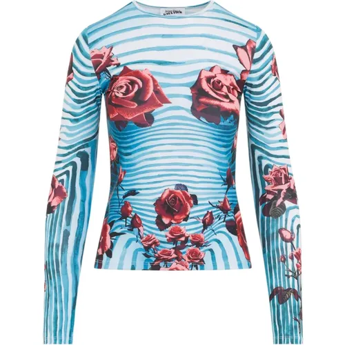 Blue Body Morphing Top with Flower Graphics , female, Sizes: XS, M - Jean Paul Gaultier - Modalova