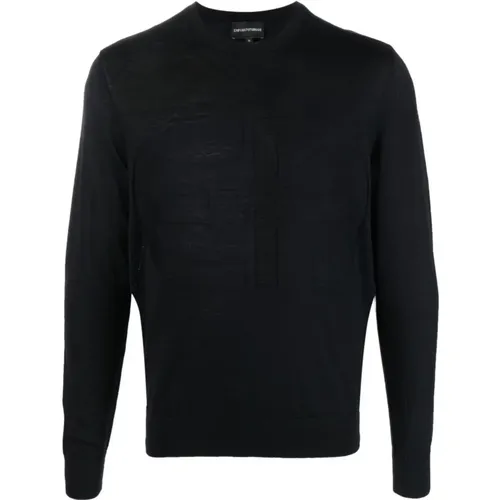 Navy Blue Virgin Wool Sweater with Maxi EA Logo , male, Sizes: M, XL - Emporio Armani - Modalova