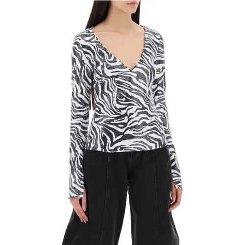 Zebra Print Sequin Langarm T-Shirt , Damen, Größe: M - Rotate Birger Christensen - Modalova