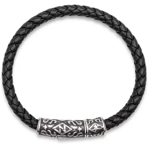 Men's Leather Bracelet with Silver Tube Lock - Nialaya - Modalova