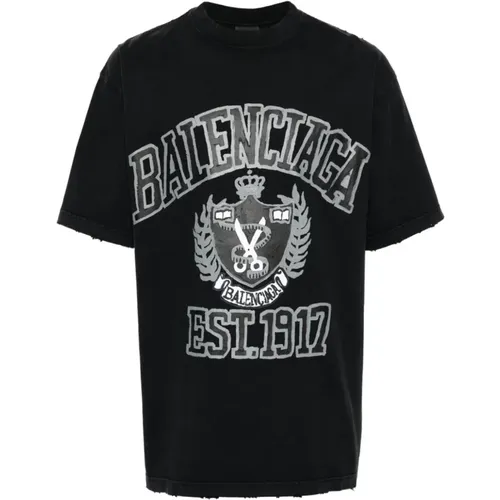 Schwarzes T-Shirt mit Distressed-Effekt und Logo-Print , Herren, Größe: M - Balenciaga - Modalova