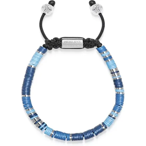 Men's Beaded Bracelet with Blue and Silver Disc Beads - Nialaya - Modalova