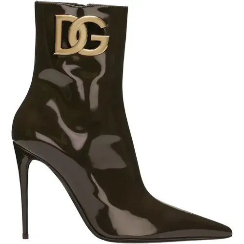 Braune Lackleder Stiefeletten mit Logo - Dolce & Gabbana - Modalova