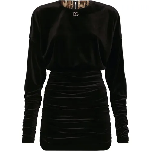 Luxurious Velvet Logo-Plaque Dress , female, Sizes: 2XS - Dolce & Gabbana - Modalova