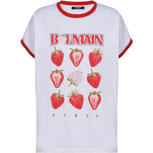 Zweifarbiges T-Shirt mit Bamain Fraise-Print , Damen, Größe: XS - Balmain - Modalova