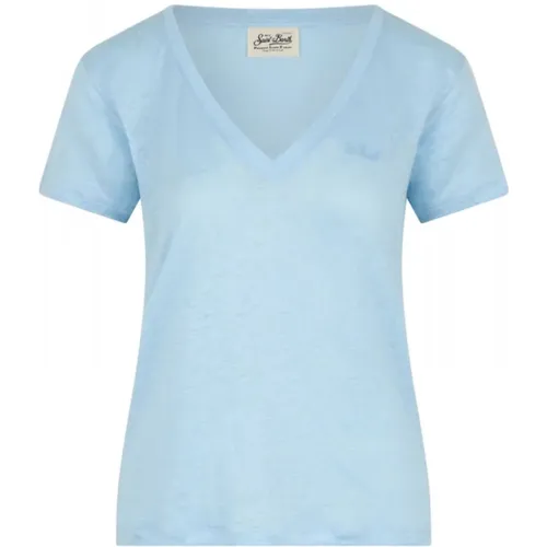Blaues Leinen V-Ausschnitt T-Shirt Eloise , Damen, Größe: XS - MC2 Saint Barth - Modalova