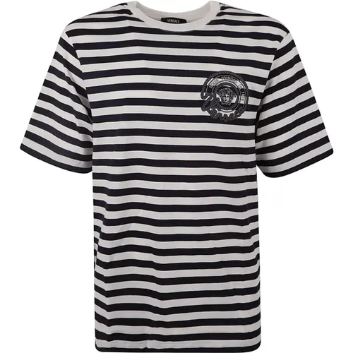 Gestreiftes Jersey T-Shirt mit Besticktem Nautischem Emblem - Versace - Modalova