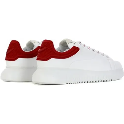 Weiße Ledersneaker mit rotem Gummirücken und Adlerlogo - Größe 46 - Emporio Armani - Modalova