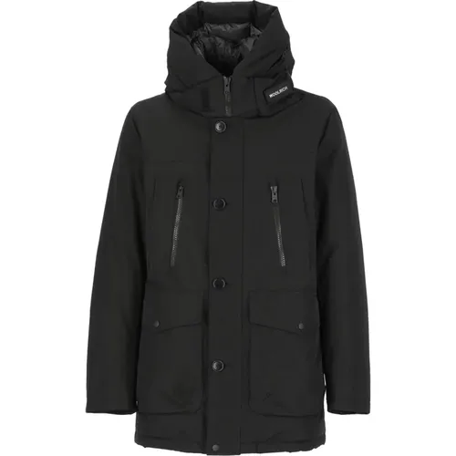 Schwarze Baumwollmischung Parka mit Logo-Kapuze - Woolrich - Modalova