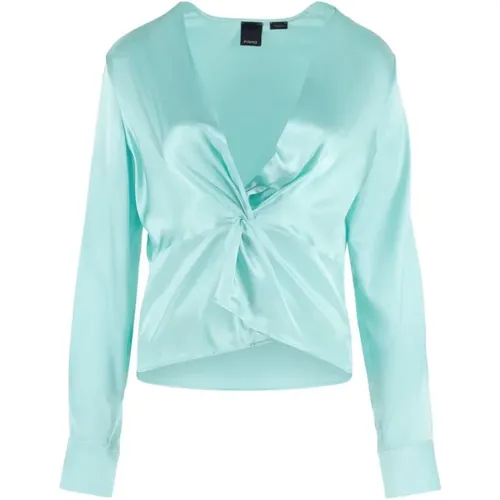 Grüner Seiden V-Ausschnitt Pullover mit Torchon-Detail , Damen, Größe: XL - pinko - Modalova