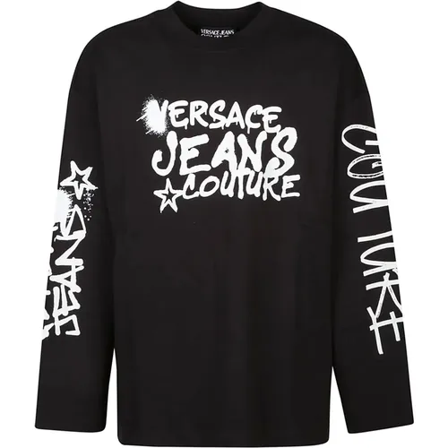 Schwarzes Logo Dripping Langarm T-Shirt - Versace Jeans Couture - Modalova