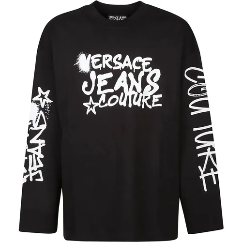 Schwarzes Logo Dripping Langarm T-Shirt , Herren, Größe: L - Versace Jeans Couture - Modalova