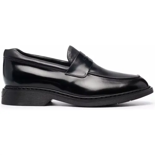 Flache Schuhe für Frauen,Schwarze Leder-Mokassins für Herren,Schwarze Lederslipper mit geprägtem Monogramm - Hogan - Modalova
