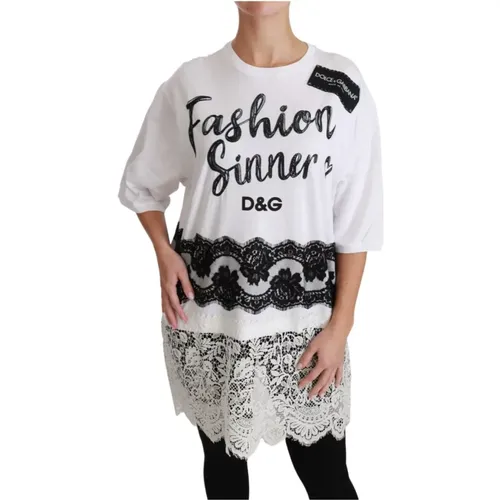 Fashion Sinner Cotton Lace T-shirt , female, Sizes: 3XS - Dolce & Gabbana - Modalova