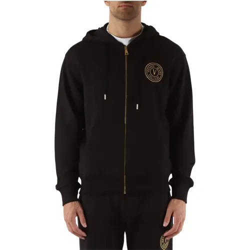 Regular Fit Hoodie with Zip in Garment Washed Cotton , male, Sizes: XL, L, M - Versace Jeans Couture - Modalova