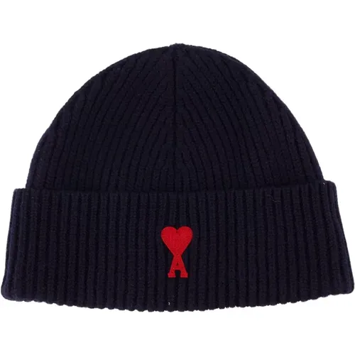 Heart Beanie Wool Navy , unisex, Sizes: ONE SIZE - Ami Paris - Modalova