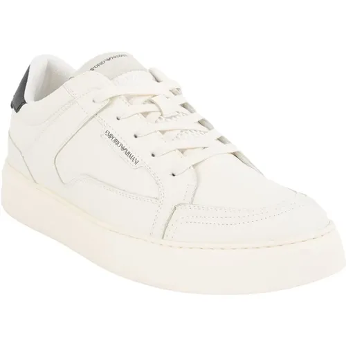 SNK Tumbled Calf Leather Bianco Sneakers - Emporio Armani - Modalova