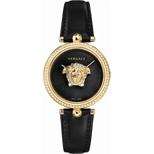 Empire Black Leather Gold Diamond Watch , female, Sizes: ONE SIZE - Versace - Modalova