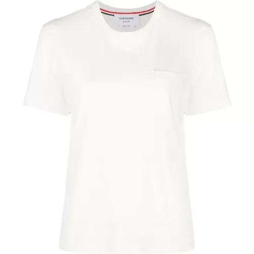 Logo T-Shirt Weiß mit Kurzen Ärmeln und Brusttasche , Damen, Größe: XS - Thom Browne - Modalova
