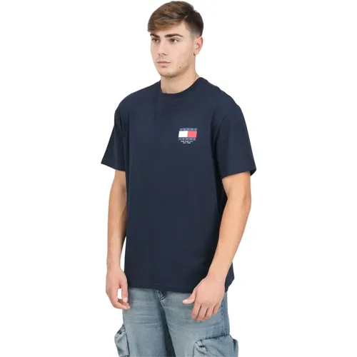 Blau T-Shirt mit kurzem Ärmel und Logo-Druck , Herren, Größe: M - Tommy Jeans - Modalova