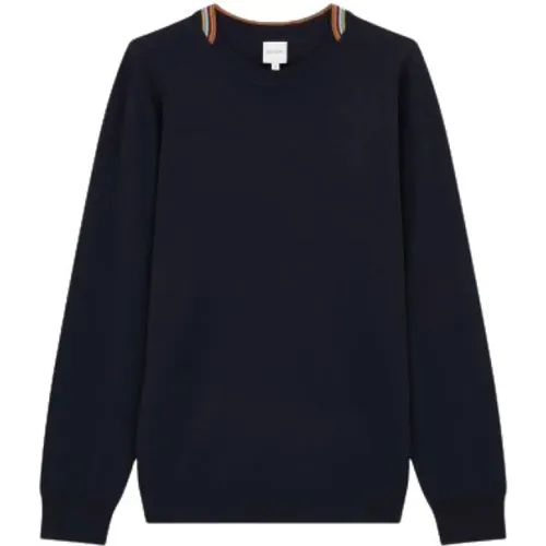 Dunkelblauer Merino Pullover mit Streifenbesatz , Herren, Größe: 2XL - PS By Paul Smith - Modalova