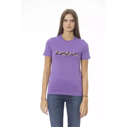 Lila Crew Neck T-shirt mit Frontdruck , Damen, Größe: L - Baldinini - Modalova