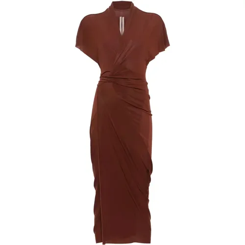 Braunes V-Ausschnitt Jersey Wickelkleid,Schwarzes V-Ausschnitt Wickel Midi Kleid - Rick Owens - Modalova