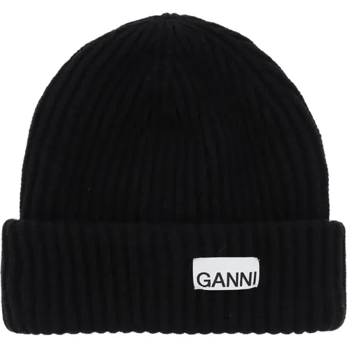 Logo Patch Beanie Hat,Schwarze Wollmischung Beanie Mütze - Ganni - Modalova