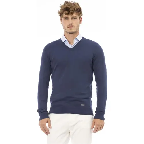 Blaue V-Ausschnitt Modal Kaschmir Pullover , Herren, Größe: L - Baldinini - Modalova