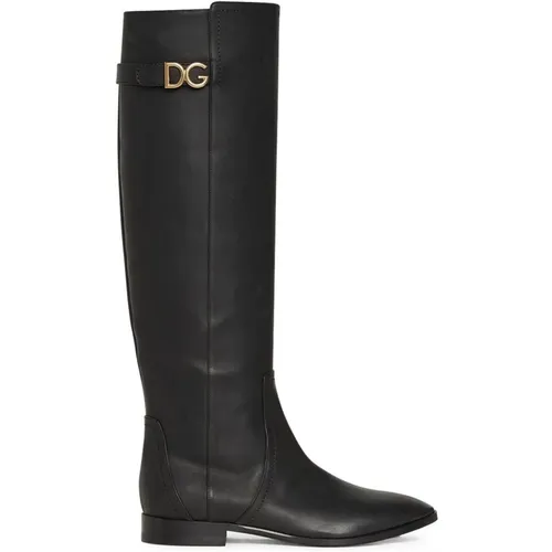 Leather Boots with Gold-tone Lock Detail , female, Sizes: 4 UK - Dolce & Gabbana - Modalova