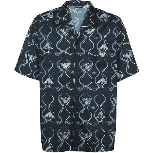 Short Sleeve Shirt with Embroidered Eagle Logo and All Over Print , male, Sizes: M - Emporio Armani - Modalova