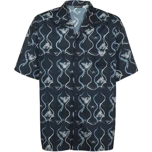 Short Sleeve Shirt with Embroidered Eagle Logo and All Over Print , male, Sizes: S - Emporio Armani - Modalova