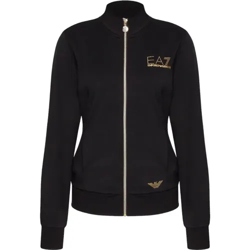 Full-Zip Pullover Schwarz Nieten Logo , Damen, Größe: M - Emporio Armani EA7 - Modalova