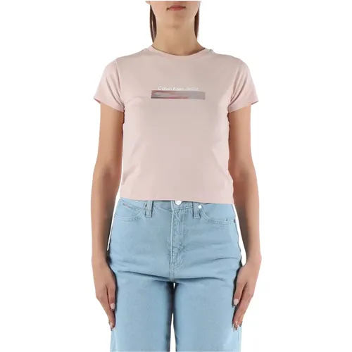 Logo Print Cropped Stretch Baumwoll T-shirt , Damen, Größe: XS - Calvin Klein Jeans - Modalova