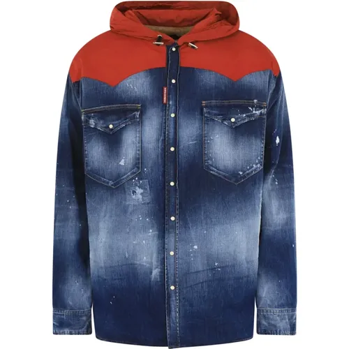 Denim Hooded Jacket /Red , male, Sizes: M - Dsquared2 - Modalova