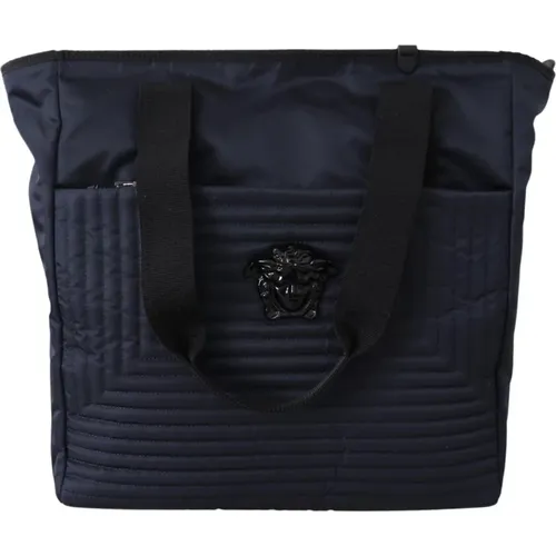 Blaue Nylon Tote Tasche mit Leder - Versace - Modalova