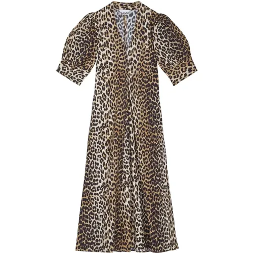 Leopard V-Ausschnitt Langes Kleid , Damen, Größe: M - Ganni - Modalova